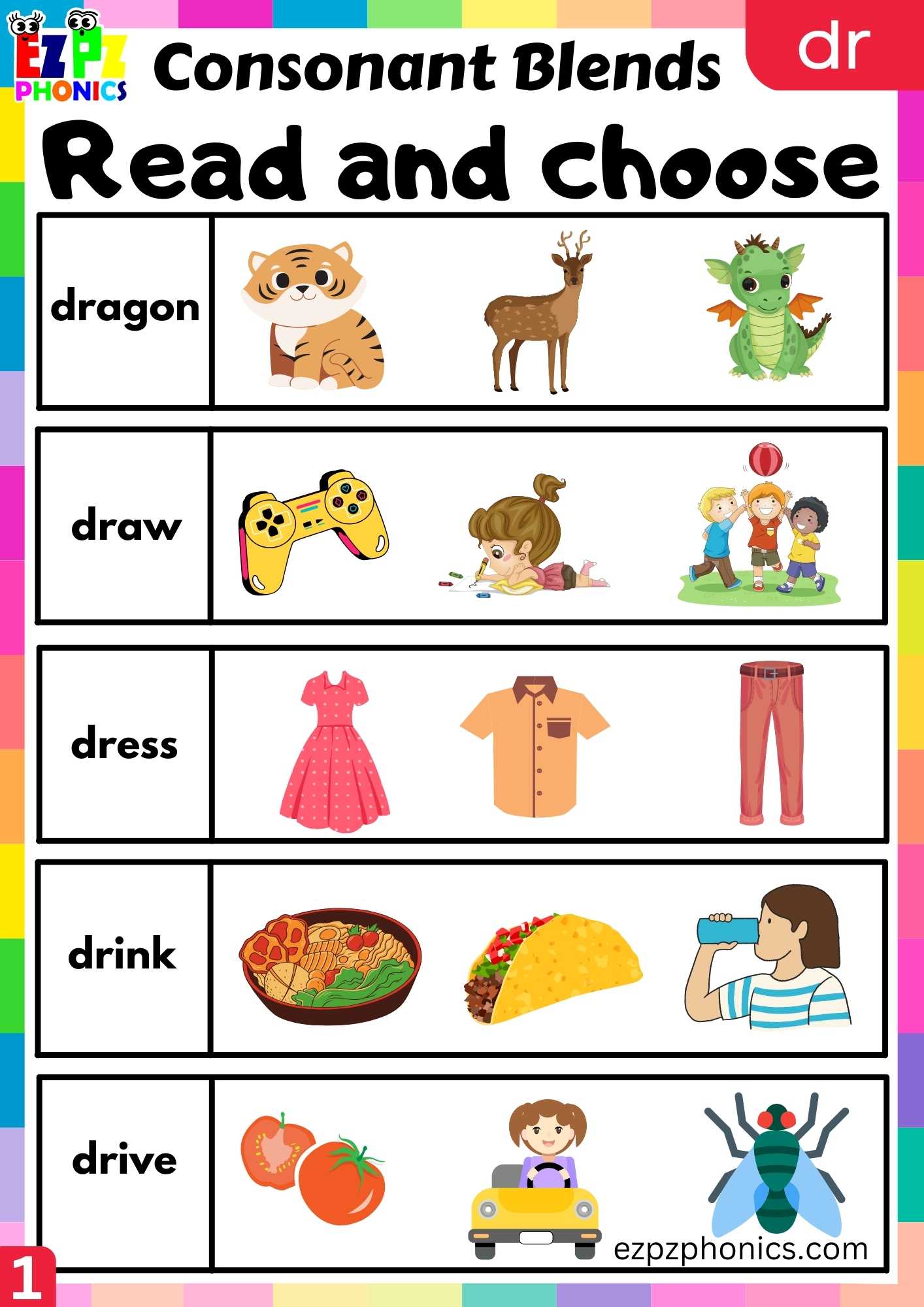 Group1 DR Words Read And Choose Phonics Consonant Blends Worksheet